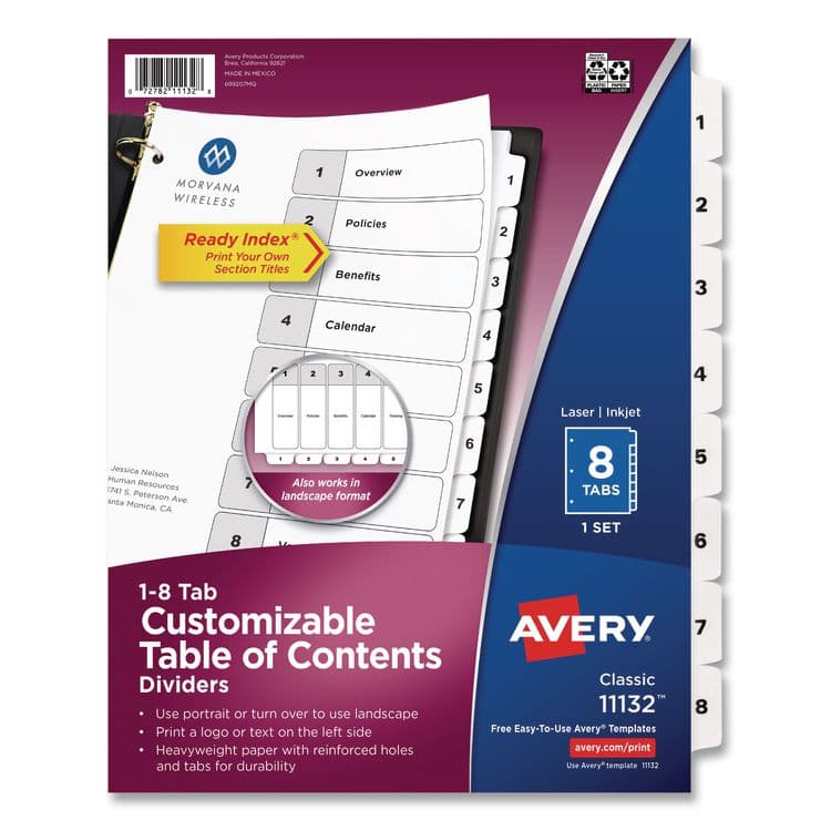 AVERY PRODUCTS CORPORATION Customizable TOC Ready Index Black and White Dividers, 8-Tab, 1 to 8, 11 x 8.5, 1 Set (AVE11132)