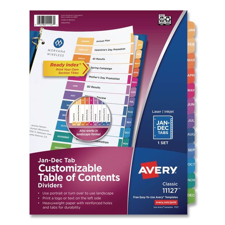 AVERY PRODUCTS CORPORATION Customizable TOC Ready Index Multicolor Tab Dividers, 12-Tab, Jan. to Dec., 11 x 8.5, White, Traditional Color Tabs, 1 Set (AVE11127)