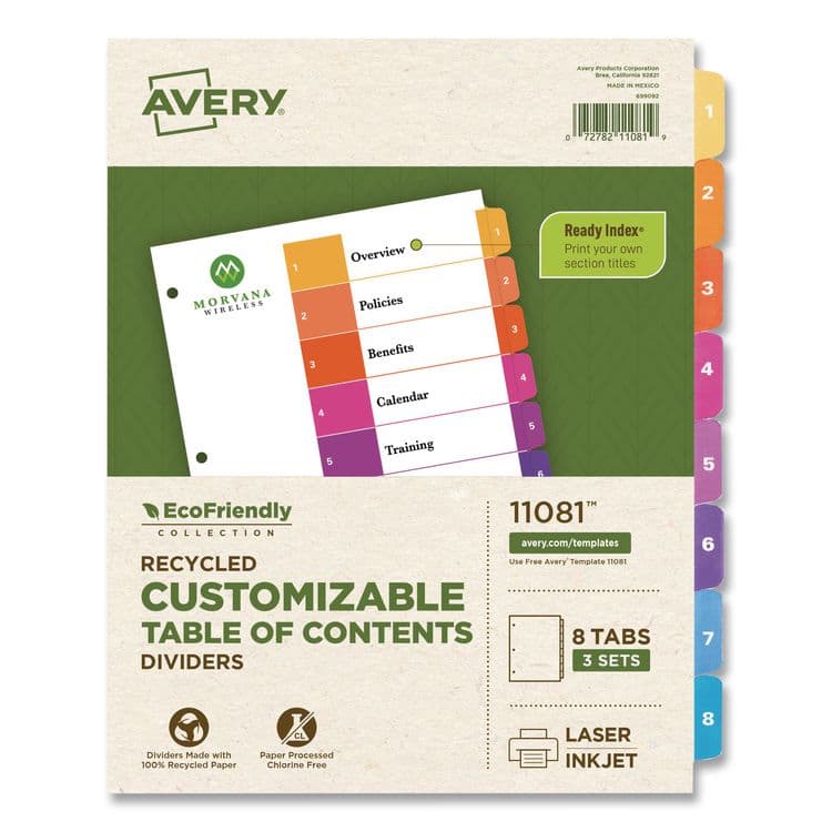 AVERY PRODUCTS CORPORATION Customizable Table of Contents Ready Index Dividers with Multicolor Tabs, 8-Tab, 1 to 8, 11 x 8.5, White, 3 Sets (AVE11081)