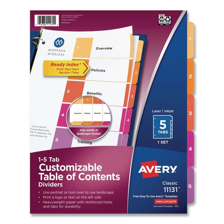 AVERY PRODUCTS CORPORATION Customizable TOC Ready Index Multicolor Tab Dividers, 5-Tab, 1 to 5, 11 x 8.5, White, Traditional Color Tabs, 1 Set (AVE11131)