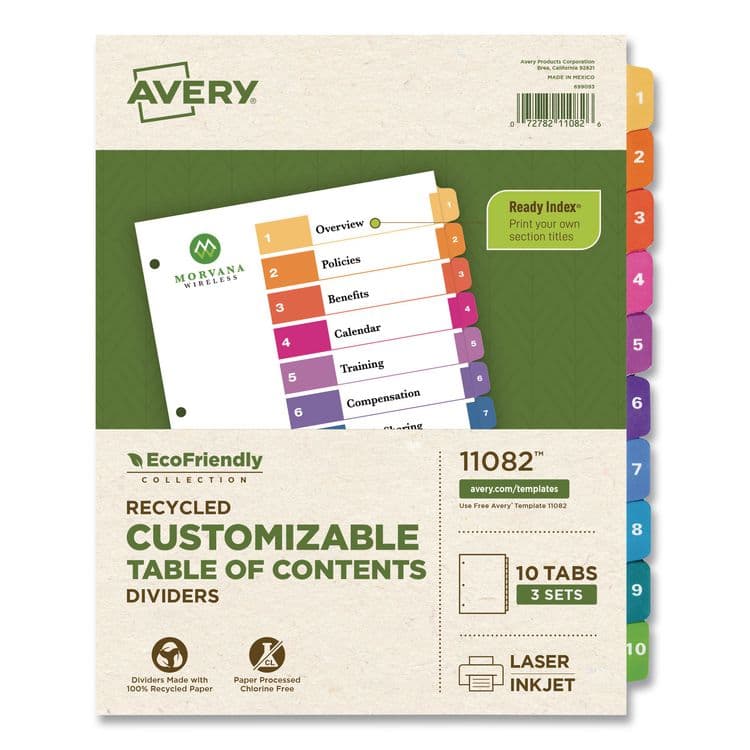 AVERY PRODUCTS CORPORATION Customizable Table of Contents Ready Index Dividers with Multicolor Tabs, 10-Tab, 1 to 10, 11 x 8.5, White, 3 Sets (AVE11082)