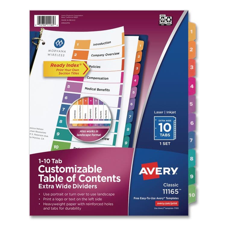 AVERY PRODUCTS CORPORATION Customizable TOC Ready Index Multicolor Tab Dividers, Extra Wide Tabs, 10-Tab, 1 to 10, 11 x 9.25, White, 1 Set (AVE11165)