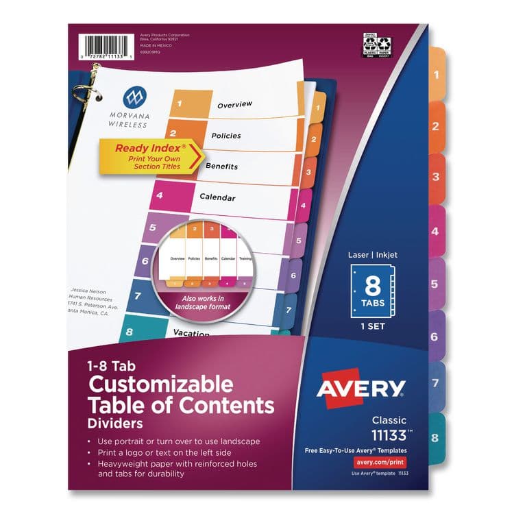 AVERY PRODUCTS CORPORATION Customizable TOC Ready Index Multicolor Tab Dividers, 8-Tab, 1 to 8, 11 x 8.5, White, Traditional Color Tabs, 1 Set (AVE11133)