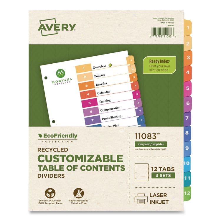 AVERY PRODUCTS CORPORATION Customizable Table of Contents Ready Index Dividers with Multicolor Tabs, 12-Tab, 1 to 12, 11 x 8.5, White, 3 Sets (AVE11083)