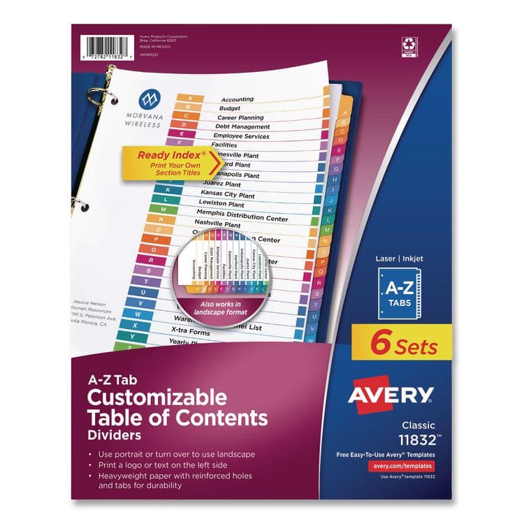 AVERY PRODUCTS CORPORATION Customizable Table of Contents Ready Index Multicolor Dividers, 26-Tab, A to Z, 11 x 8.5, White, 6 Sets (AVE11832)
