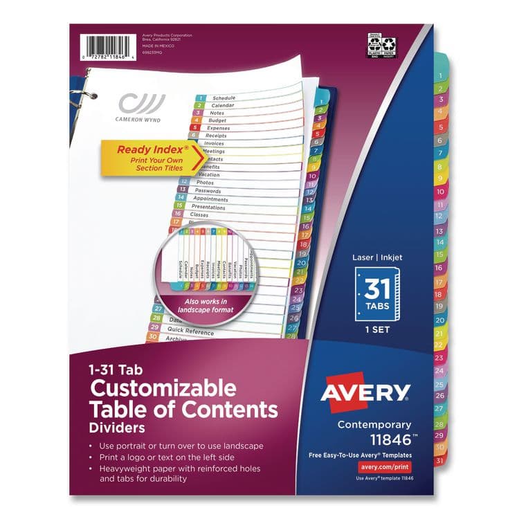 AVERY PRODUCTS CORPORATION Customizable TOC Ready Index Multicolor Tab Dividers, 31-Tab, 1 to 31, 11 x 8.5, White, Contemporary Color Tabs, 1 Set (AVE11846)