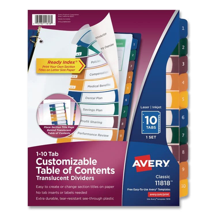 AVERY PRODUCTS CORPORATION Customizable Table of Contents Ready Index Dividers with Multicolor Tabs, 10-Tab, 1 to 10, 11 x 8.5, Translucent, 1 Set (AVE11818)