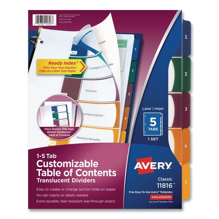 AVERY PRODUCTS CORPORATION Customizable Table of Contents Ready Index Dividers with Multicolor Tabs, 5-Tab, 1 to 5, 11 x 8.5, Translucent, 1 Set (AVE11816)