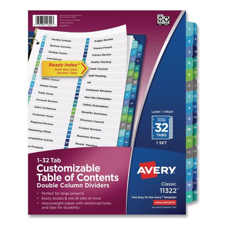 AVERY PRODUCTS CORPORATION Customizable TOC Ready Index Double Column Multicolor Tab Dividers, 32-Tab, 1 to 32, 11 x 8.5, White, 1 Set (AVE11322)