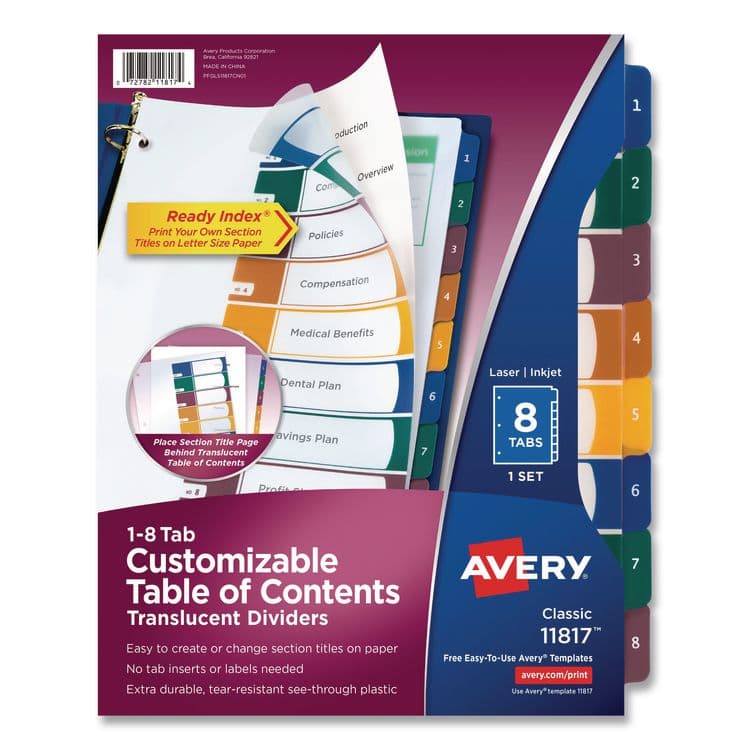AVERY PRODUCTS CORPORATION Customizable Table of Contents Ready Index Dividers with Multicolor Tabs, 8-Tab, 1 to 8, 11 x 8.5, Translucent, 1 Set (AVE11817)