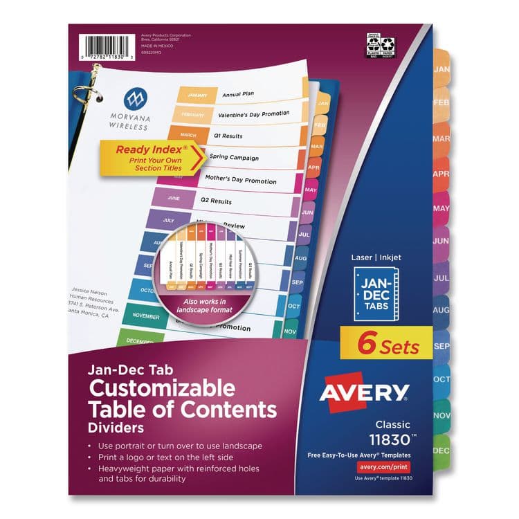 AVERY PRODUCTS CORPORATION Customizable Table of Contents Ready Index Multicolor Dividers, 12-Tab, Jan. to Dec., 11 x 8.5, White, 6 Sets (AVE11830)