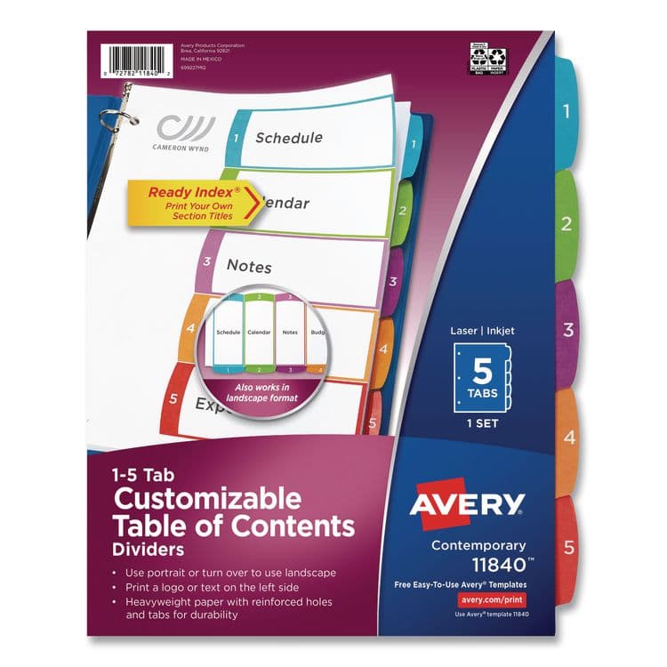 AVERY PRODUCTS CORPORATION Customizable TOC Ready Index Multicolor Tab Dividers, 5-Tab, 1 to 5, 11 x 8.5, White, Contemporary Color Tabs, 1 Set (AVE11840)