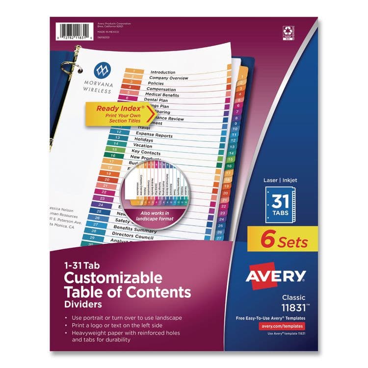 AVERY PRODUCTS CORPORATION Customizable Table of Contents Ready Index Multicolor Dividers, 31-Tab, 1 to 31, 11 x 8.5, White, 6 Sets (AVE11831)