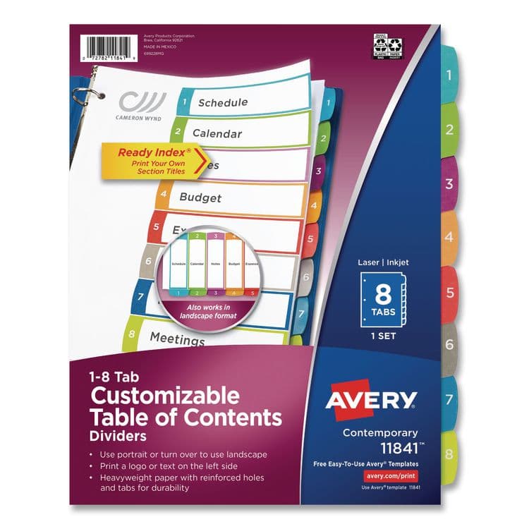 AVERY PRODUCTS CORPORATION Customizable TOC Ready Index Multicolor Tab Dividers, 8-Tab, 1 to 8, 11 x 8.5, White, Contemporary Color Tabs, 1 Set (AVE11841)