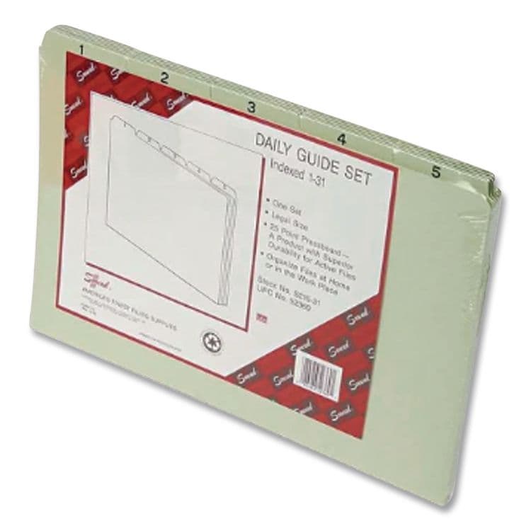 SMEAD MANUFACTURING CO. 100% Recycled Daily Top Tab File Guide Set, 1/5-Cut Top Tab, 1 to 31, 8.5 x 14, Green, 31/Set (SMD52369) thumbnail 3