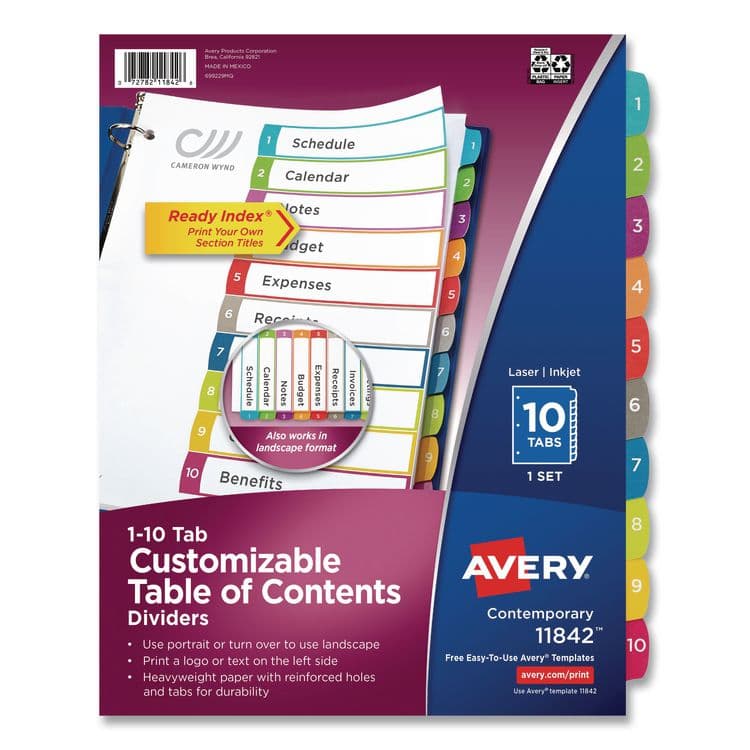 AVERY PRODUCTS CORPORATION Customizable TOC Ready Index Multicolor Tab Dividers, 10-Tab, 1 to 10, 11 x 8.5, White, Contemporary Color Tabs, 1 Set (AVE11842)
