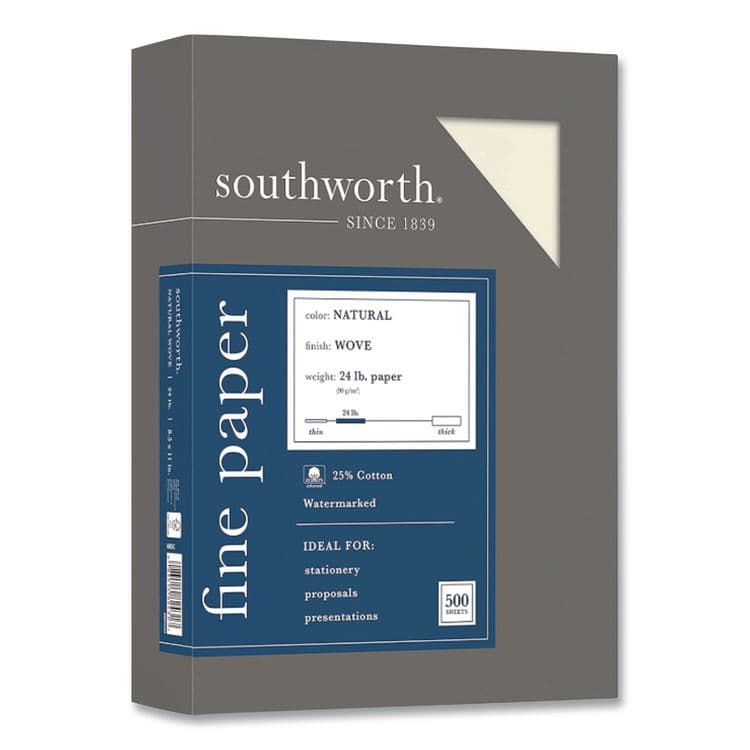 SOUTHWORTH CO. 25% Cotton Business Paper, 24 lb Bond Weight, 8.5 x 11, Natural, 500 Sheets/Ream (SOU404NC)