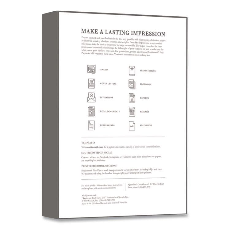 SOUTHWORTH CO. 100% Cotton Business Paper, 95 Bright, 32 lb Bond Weight, 8.5 x 11, White, 250/Pack (SOUJD18C) thumbnail 3