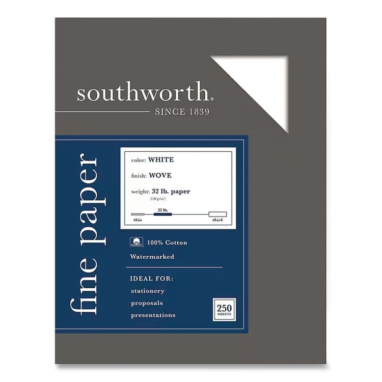 SOUTHWORTH CO. 100% Cotton Business Paper, 95 Bright, 32 lb Bond Weight, 8.5 x 11, White, 250/Pack (SOUJD18C)