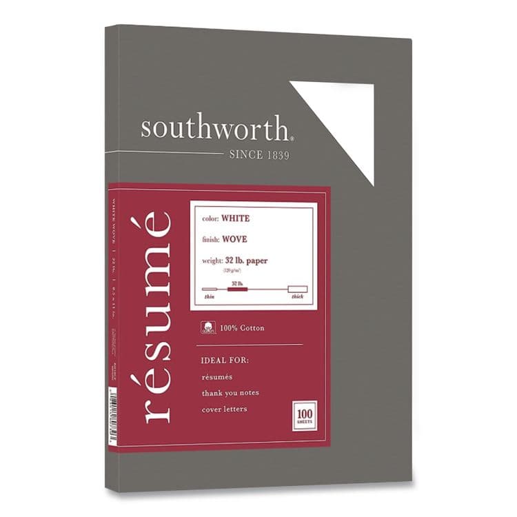 SOUTHWORTH CO. 100% Cotton Resume Paper, 95 Bright, 32 lb Bond Weight, 8.5 x 11, White, 100/Pack (SOURD18CF)