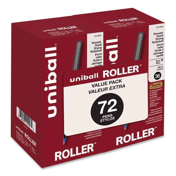UNI Rollerball Pen, Stick, Micro 0.5 mm, Blue Ink, Black/Blue Barrel, 72/Pack (UBC2013566)