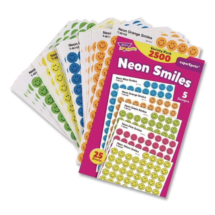 TREND ENTERPRISES, . SuperSpots and SuperShapes Sticker Variety Packs, Neon Smiles, Assorted Colors, 2,500/Pack (TEPT1942) thumbnail 2