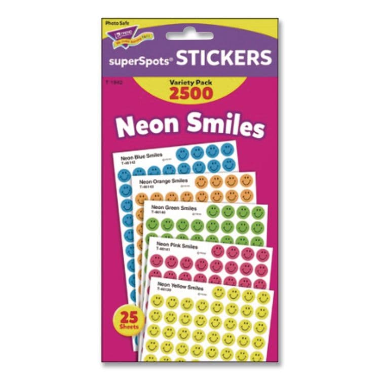 TREND ENTERPRISES, . SuperSpots and SuperShapes Sticker Variety Packs, Neon Smiles, Assorted Colors, 2,500/Pack (TEPT1942) thumbnail 3