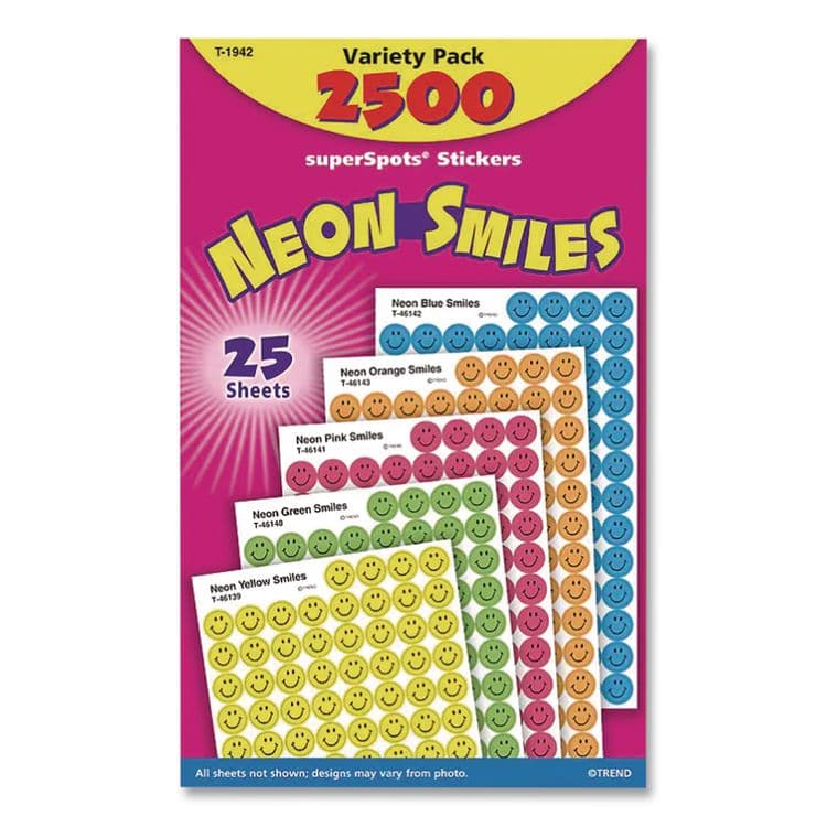 TREND ENTERPRISES, . SuperSpots and SuperShapes Sticker Variety Packs, Neon Smiles, Assorted Colors, 2,500/Pack (TEPT1942) thumbnail 4