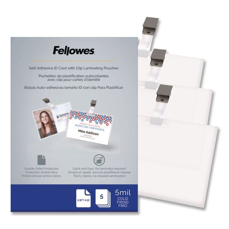 FELLOWES MFG. CO. Self-Adhesive Laminating Pouches, With Badge Clips, 5 mil, 3.88 x 2.63, Gloss Clear, 5/Pack (FEL5220701)