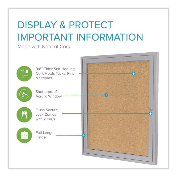 GHENT MANUFACTURING, 1 Door Enclosed Natural Cork Bulletin Board with Satin Frame, 24" x 36", Tan Surface, Satin Aluminum Frame (GHEPA13624K) thumbnail 2