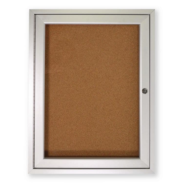 GHENT MANUFACTURING, 1 Door Enclosed Natural Cork Bulletin Board with Satin Frame, 24" x 36", Tan Surface, Satin Aluminum Frame (GHEPA13624K)
