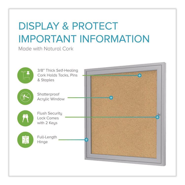 GHENT MANUFACTURING, 1 Door Enclosed Natural Cork Bulletin Board with Satin Frame, 36" x 36", Tan Surface, Satin Aluminum Frame (GHEPA13636K) thumbnail 2
