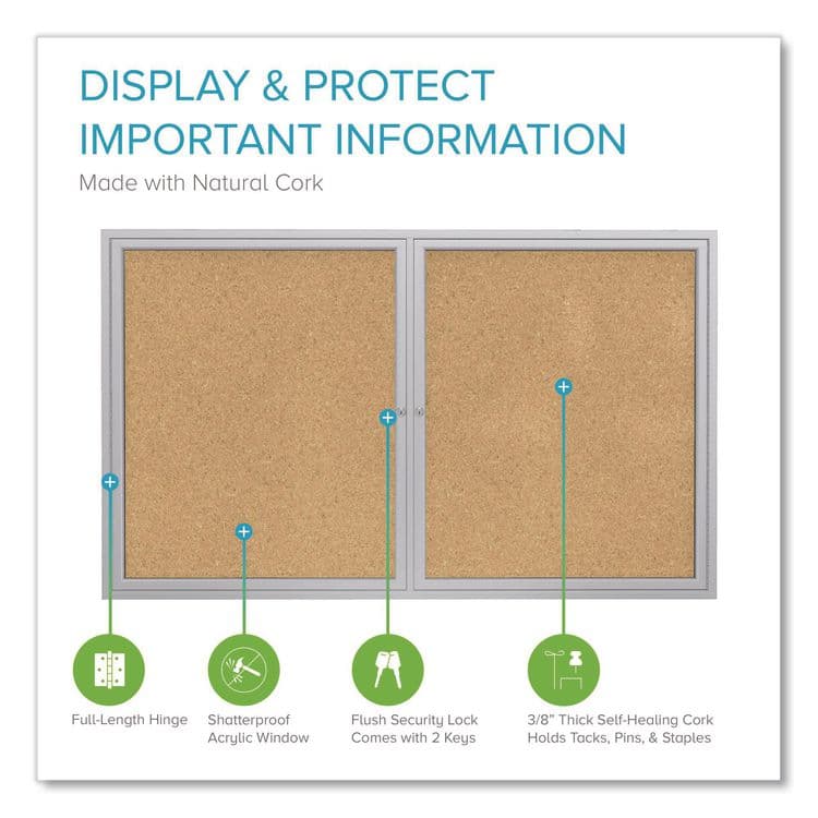 GHENT MANUFACTURING, 2 Door Enclosed Natural Cork Bulletin Board with Satin Frame, 48" x 36", Tan Surface, Satin Aluminum Frame (GHEPA23648K) thumbnail 2