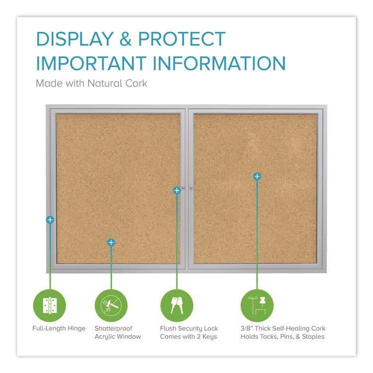 GHENT MANUFACTURING, 2 Door Enclosed Natural Cork Bulletin Board with Satin Frame, 60" x 48", Tan Surface, Satin Aluminum Frame (GHEPA24860K) thumbnail 2