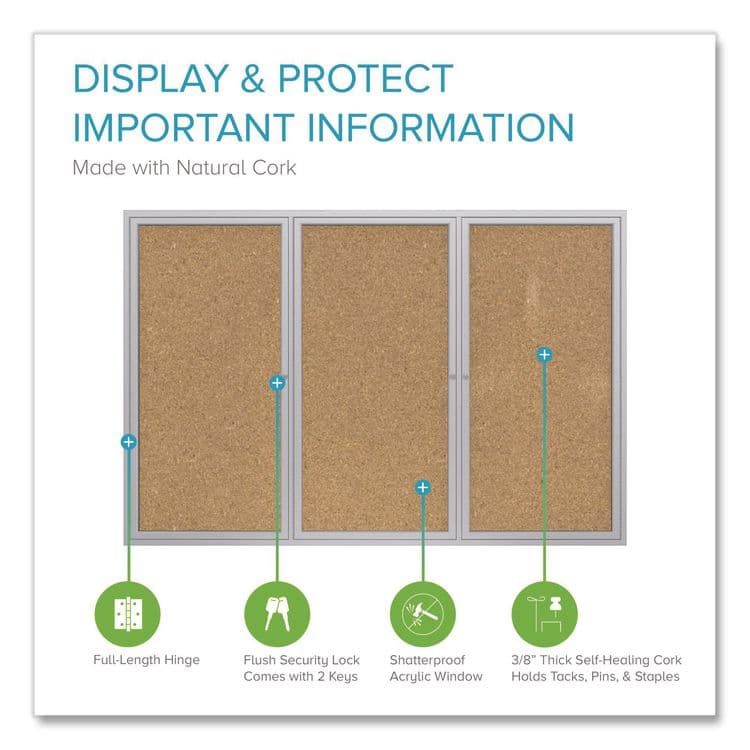 GHENT MANUFACTURING, 2 Door Enclosed Natural Cork Bulletin Board with Satin Frame, 72" x 36", Tan Surface, Satin Aluminum Frame (GHEPA33672K) thumbnail 2