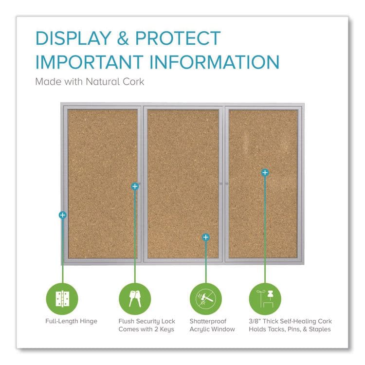 GHENT MANUFACTURING, 3 Door Enclosed Natural Cork Bulletin Board with Satin Frame, 72" x 48", Tan Surface, Satin Aluminum Frame (GHEPA34872K) thumbnail 2