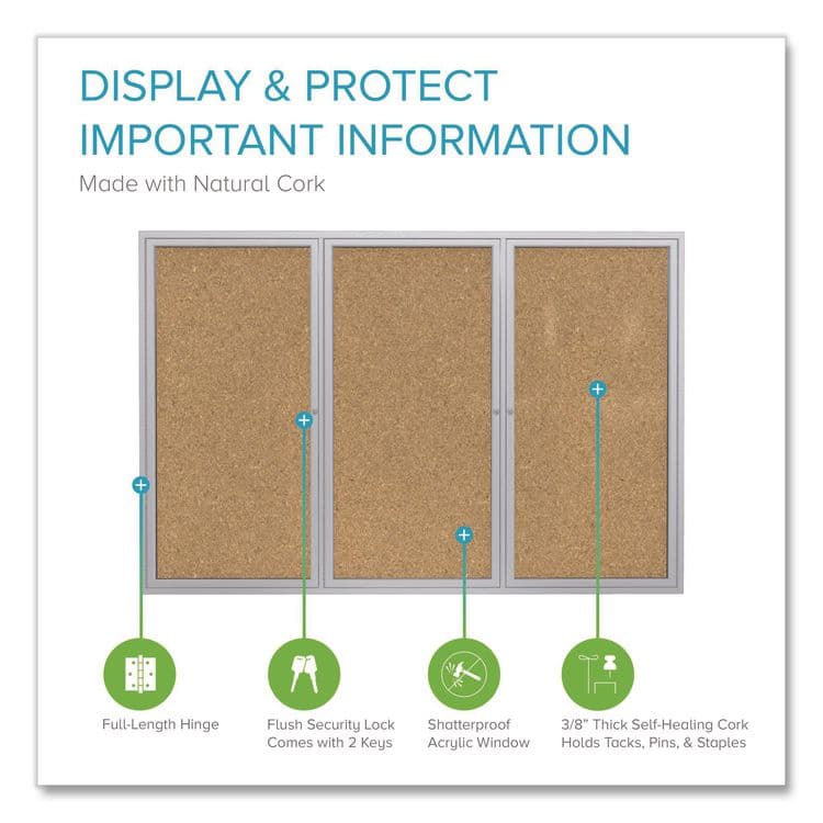 GHENT MANUFACTURING, 3 Door Enclosed Natural Cork Bulletin Board with Satin Frame, 96" x 48", Tan Surface, Satin Aluminum Frame (GHEPA34896K) thumbnail 2
