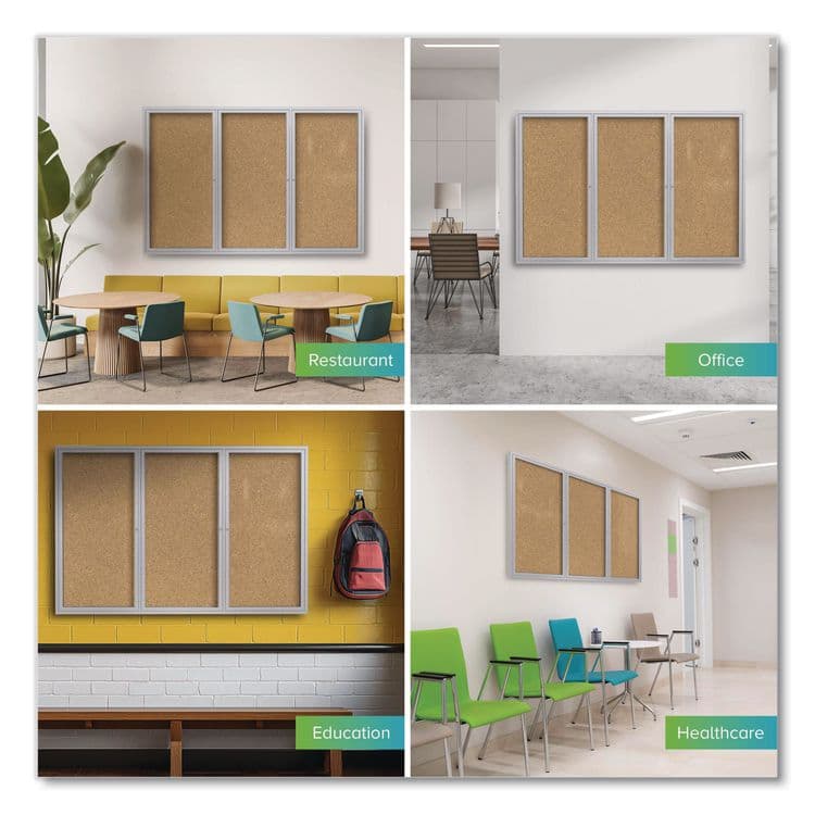 GHENT MANUFACTURING, 3 Door Enclosed Natural Cork Bulletin Board with Satin Frame, 96" x 48", Tan Surface, Satin Aluminum Frame (GHEPA34896K) thumbnail 3