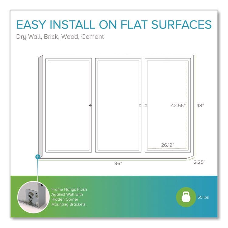 GHENT MANUFACTURING, 3 Door Enclosed Natural Cork Bulletin Board with Satin Frame, 96" x 48", Tan Surface, Satin Aluminum Frame (GHEPA34896K) thumbnail 4