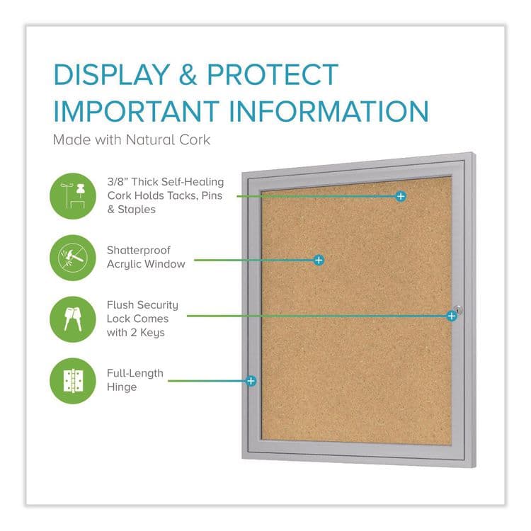 GHENT MANUFACTURING, 1 Door Enclosed Natural Cork Bulletin Board with Satin Frame, 18" x 24", Tan Surface, Satin Aluminum Frame (GHEPA12418K) thumbnail 2