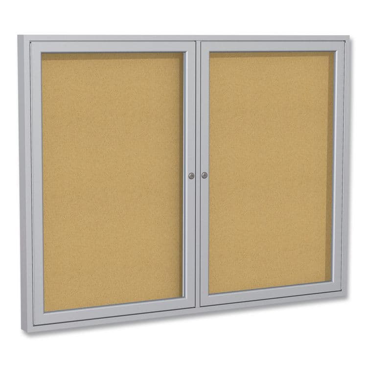 GHENT MANUFACTURING, 2 Door Enclosed Natural Cork Bulletin Board with Satin Frame, 60" x 48", Tan Surface, Satin Aluminum Frame (GHEPA24860K)