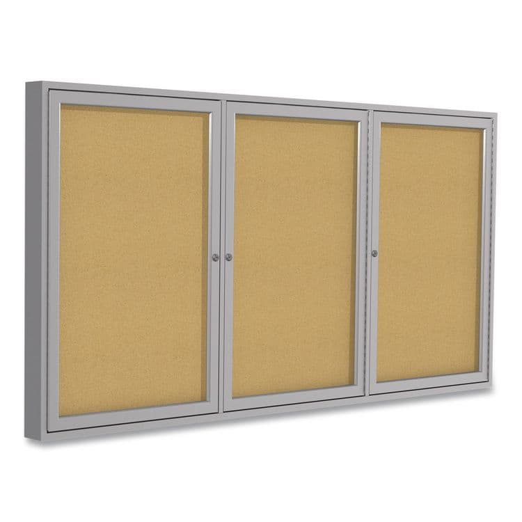 GHENT MANUFACTURING, 3 Door Enclosed Natural Cork Bulletin Board with Satin Frame, 72" x 48", Tan Surface, Satin Aluminum Frame (GHEPA34872K)