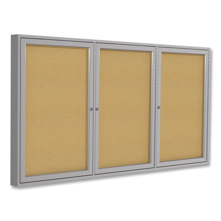 GHENT MANUFACTURING, 3 Door Enclosed Natural Cork Bulletin Board with Satin Frame, 96" x 48", Tan Surface, Satin Aluminum Frame (GHEPA34896K)