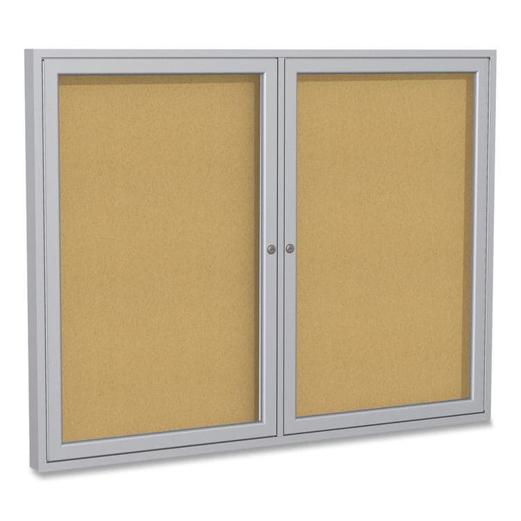 GHENT MANUFACTURING, 2 Door Enclosed Natural Cork Bulletin Board with Satin Frame, 60" x 36", Tan Surface, Satin Aluminum Frame (GHEPA23660K)