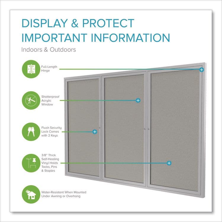 GHENT MANUFACTURING, 3 Door Enclosed Vinyl Bulletin Board with Satin Frame, 72" x 48", Silver Surface, Satin Aluminum Frame (GHEPA34872VX193) thumbnail 2