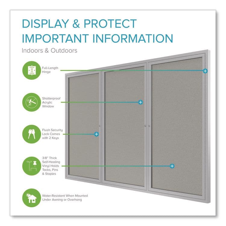 GHENT MANUFACTURING, 3 Door Enclosed Vinyl Bulletin Board with Satin Frame, 96" x 48", Silver Surface, Satin Aluminum Frame (GHEPA34896VX193) thumbnail 2