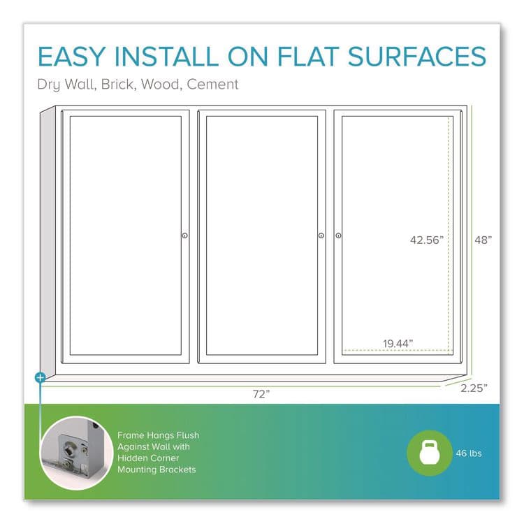 GHENT MANUFACTURING, 3 Door Enclosed Vinyl Bulletin Board with Satin Frame, 72" x 48", Silver Surface, Satin Aluminum Frame (GHEPA34872VX193) thumbnail 4