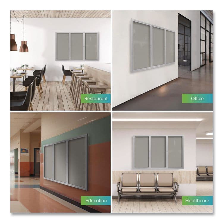 GHENT MANUFACTURING, 3 Door Enclosed Vinyl Bulletin Board with Satin Frame, 96" x 48", Silver Surface, Satin Aluminum Frame (GHEPA34896VX193) thumbnail 3