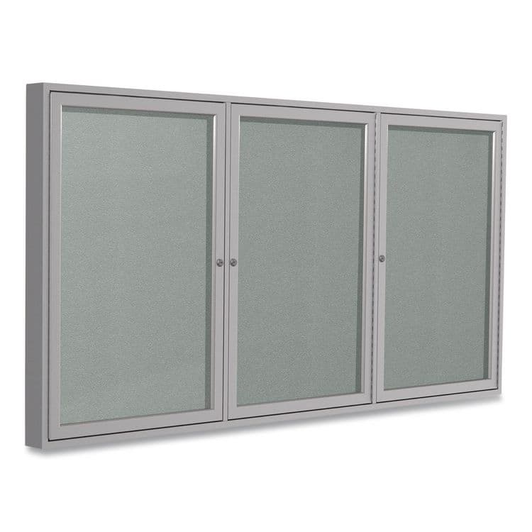 GHENT MANUFACTURING, 3 Door Enclosed Vinyl Bulletin Board with Satin Frame, 72" x 48", Silver Surface, Satin Aluminum Frame (GHEPA34872VX193)