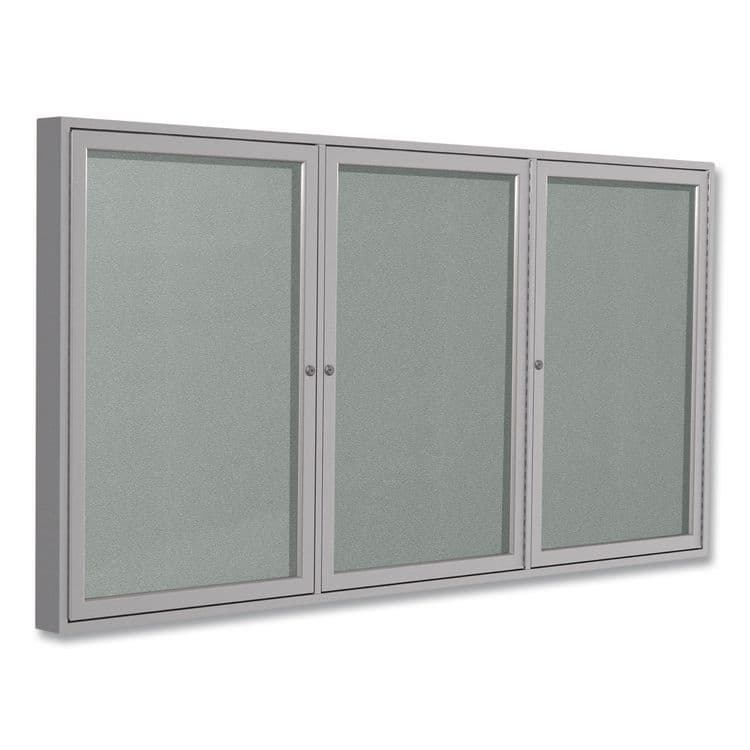 GHENT MANUFACTURING, 3 Door Enclosed Vinyl Bulletin Board with Satin Frame, 96" x 48", Silver Surface, Satin Aluminum Frame (GHEPA34896VX193)